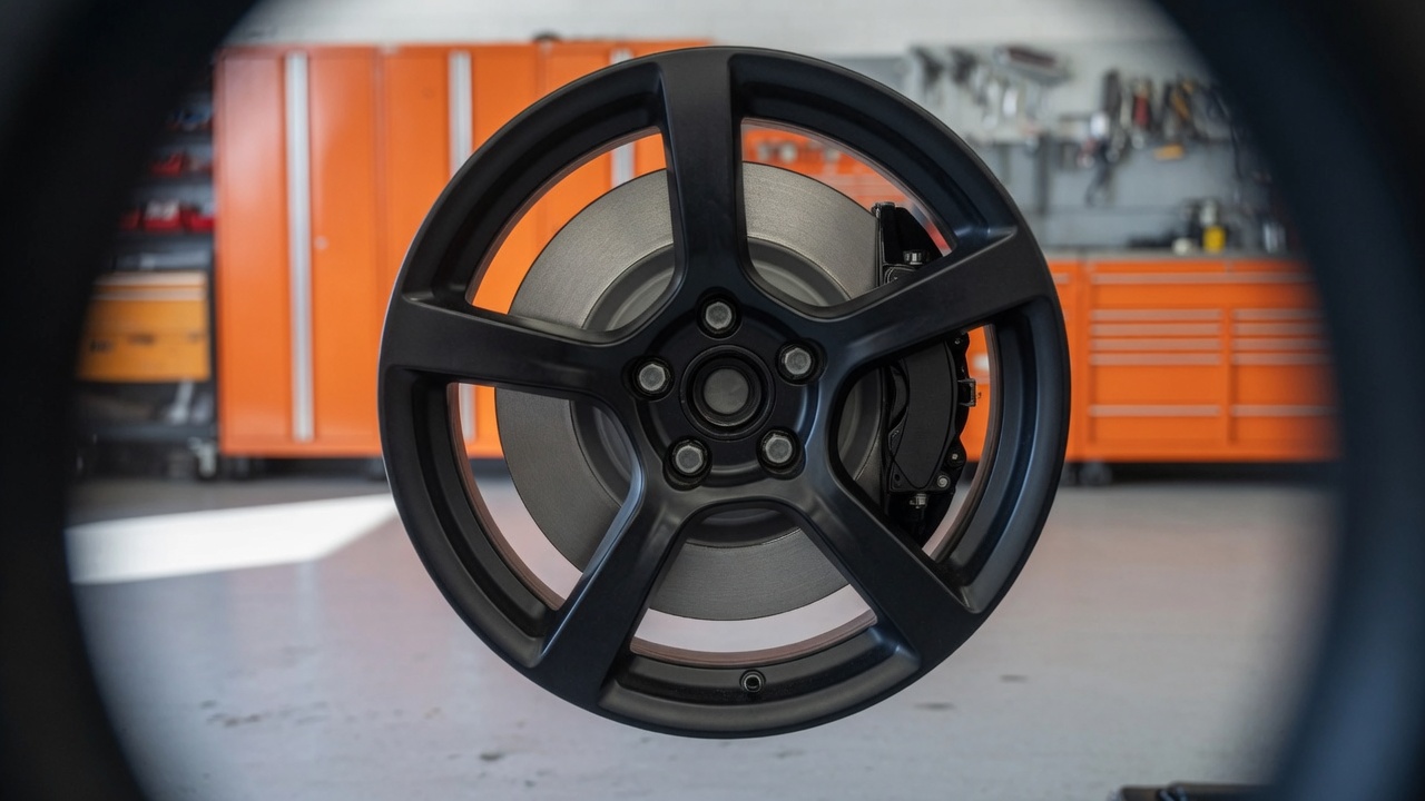 Silver brake rotor and dark caliper seen through a black wheel, orange cabinets behind