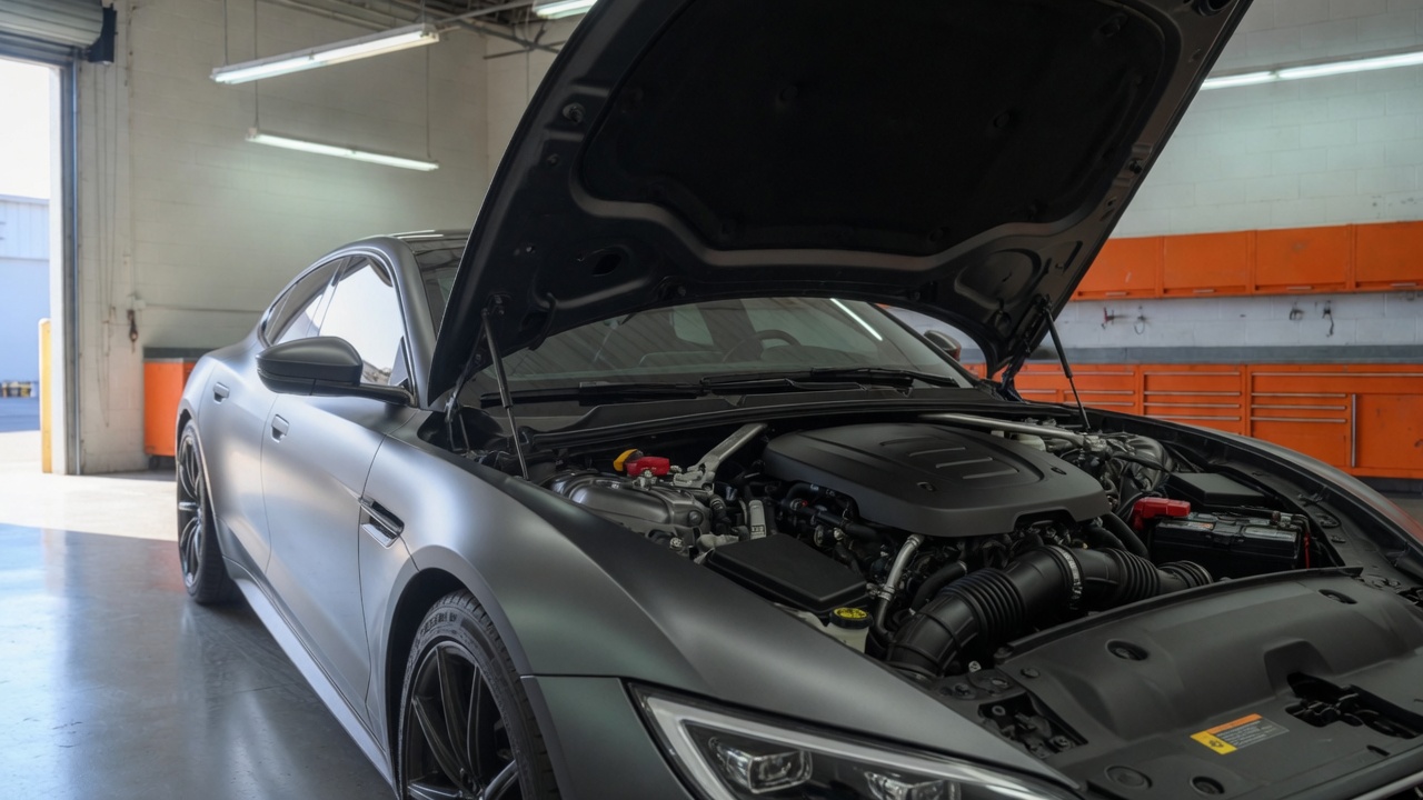 Open hood of a graphite sedan showing a plain engine cover in the same garage