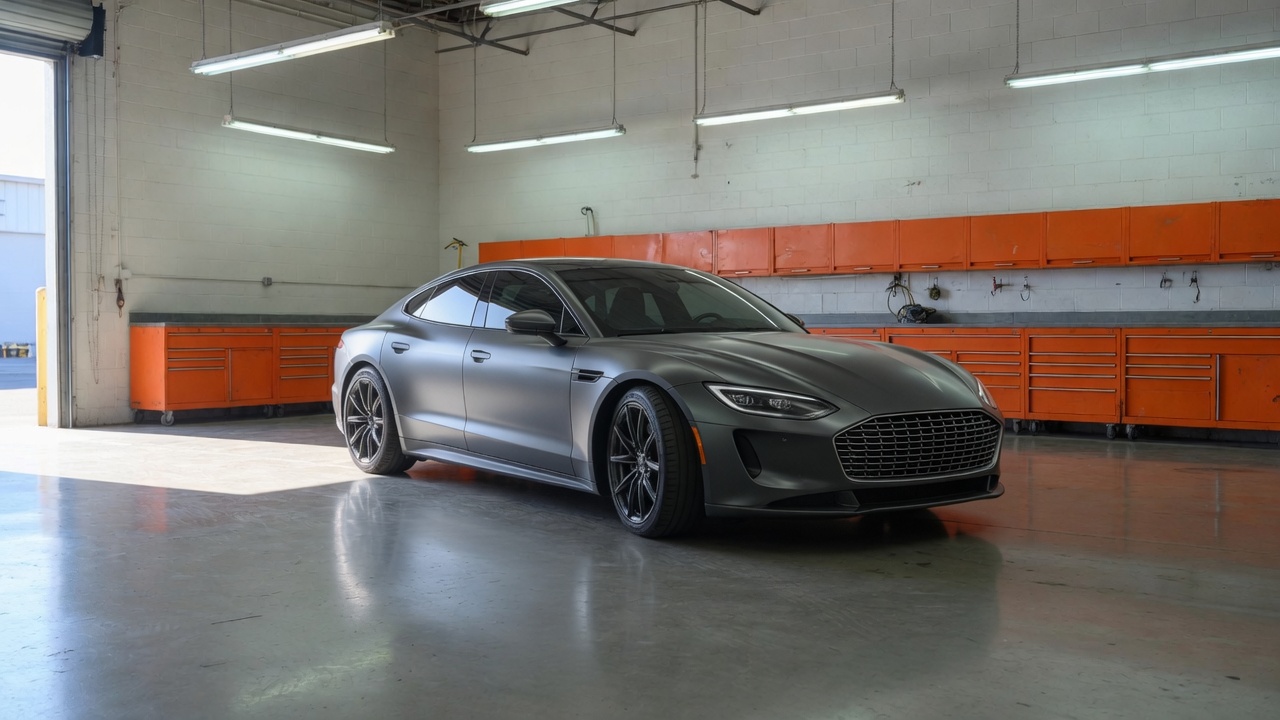 Graphite sports sedan parked in a bright garage with orange tool cabinets