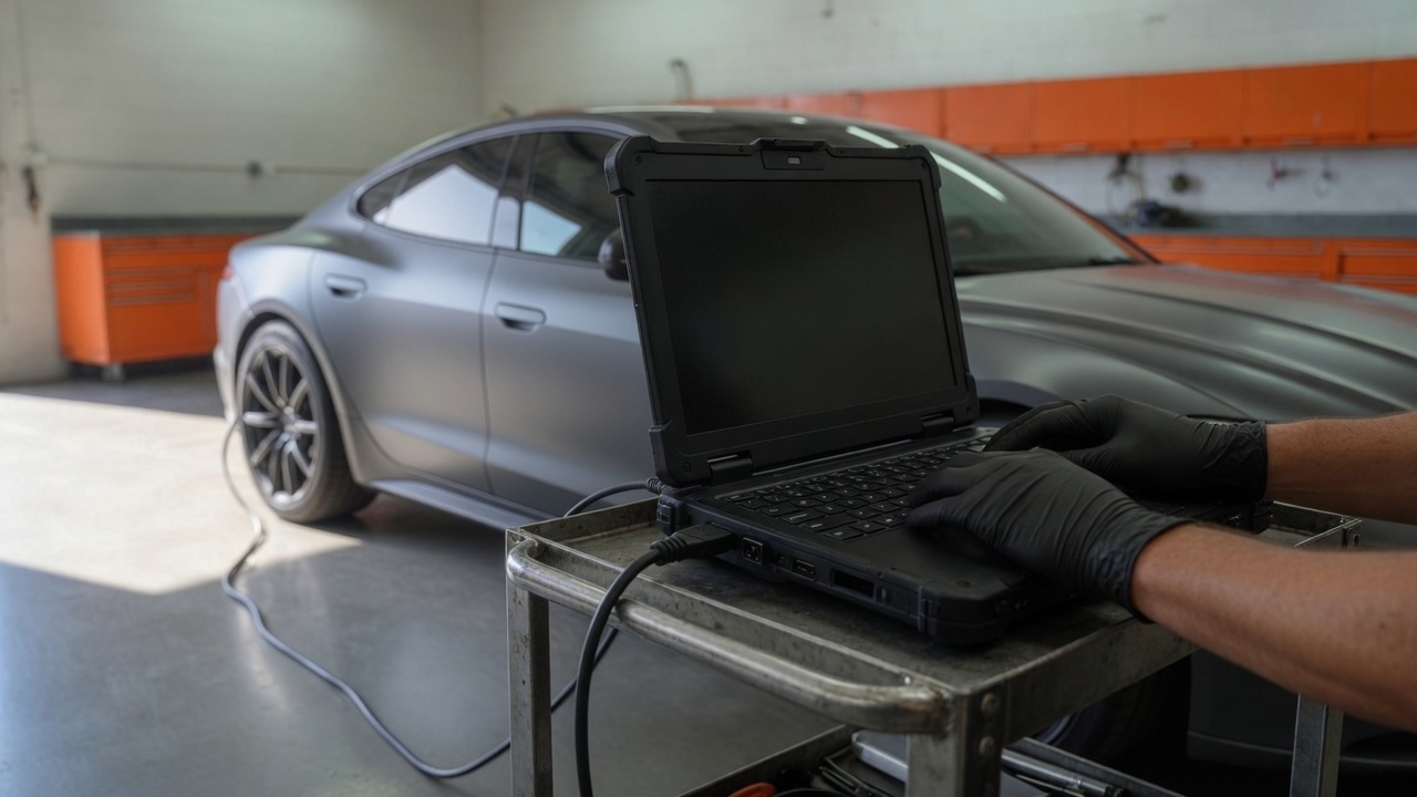 Gloved hands on a blank laptop beside a graphite sedan with the door closed